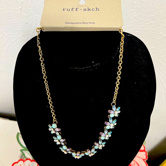 Multi-rhinestone Necklace Gold Chain Blue Tones - Picture 2 of 3